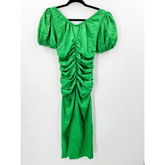 GANNI EU 38 green ruched puff shoulder holiday Midi Dress - Picture 6 of 10